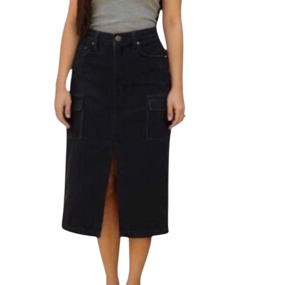 Sincerely Jules Black Denim Cargo Midi Skirt High Waist Front Slit Size 3/25 NEW